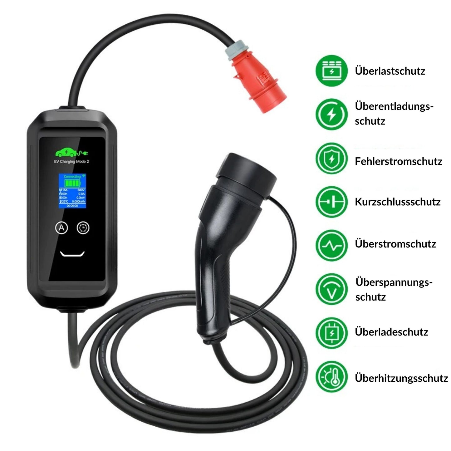 EV-Wallbox mit CEE-Stecker, Sicherheitsfunktionen und Wandhalterung – kompakt und zuverlässig.