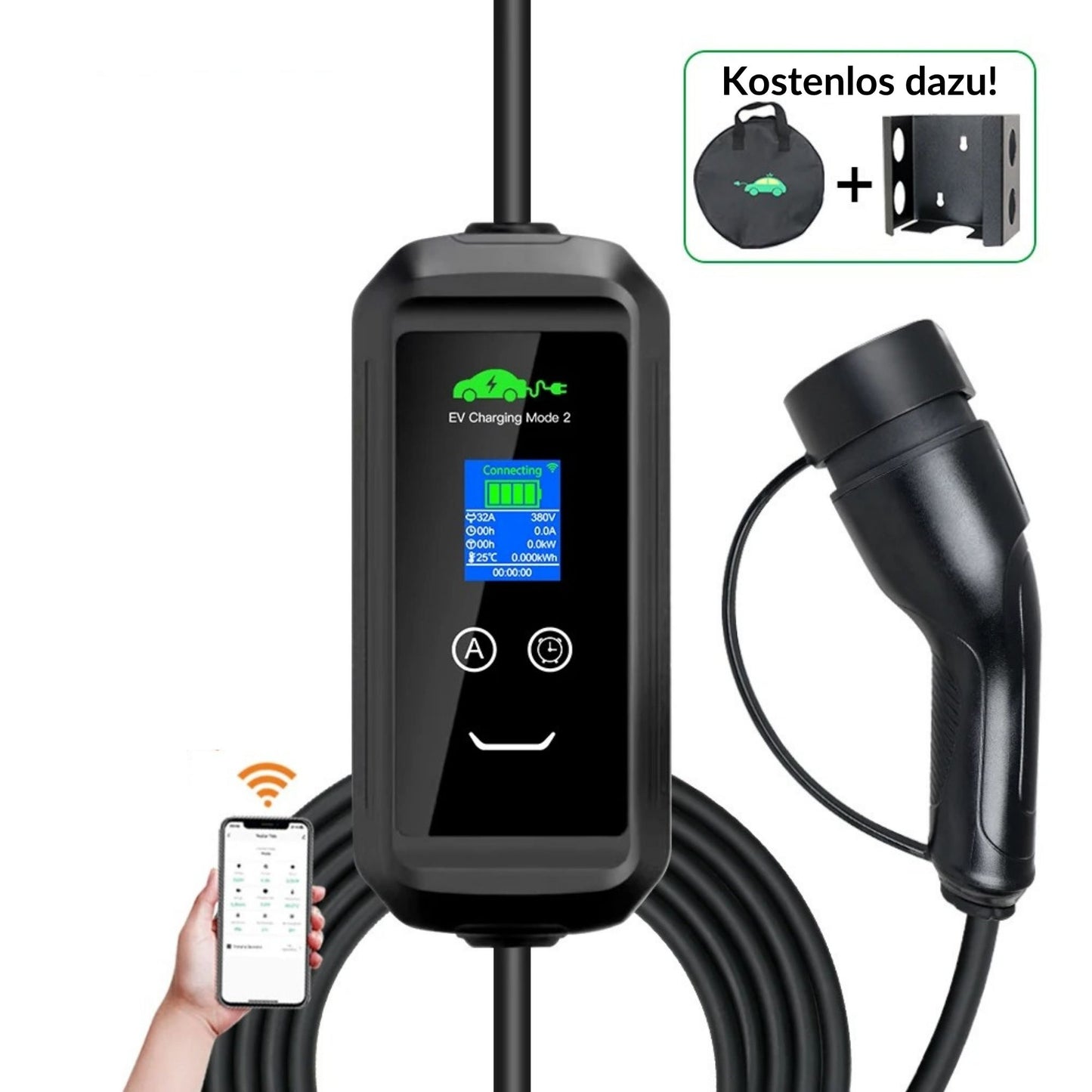 Mobile Typ 2 EV-Wallbox mit rotem CEE-Stecker, LED-Display und Typ-2-Ladekabel – inklusive Wandhalterung und Tragetasche.