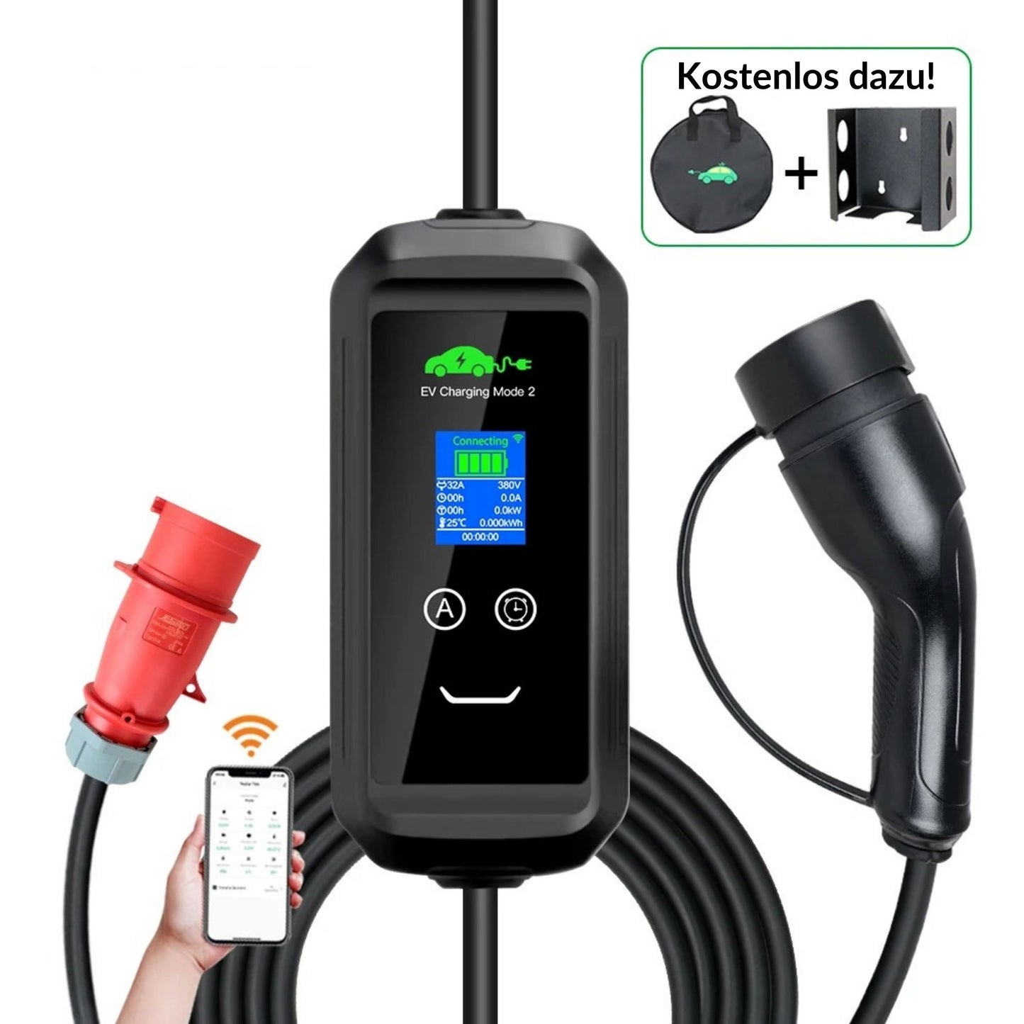 Wallbox mit rotem CEE-Stecker, Display und Smartphone-App-Steuerung – mit Gratis-Tragetasche und Halterung.