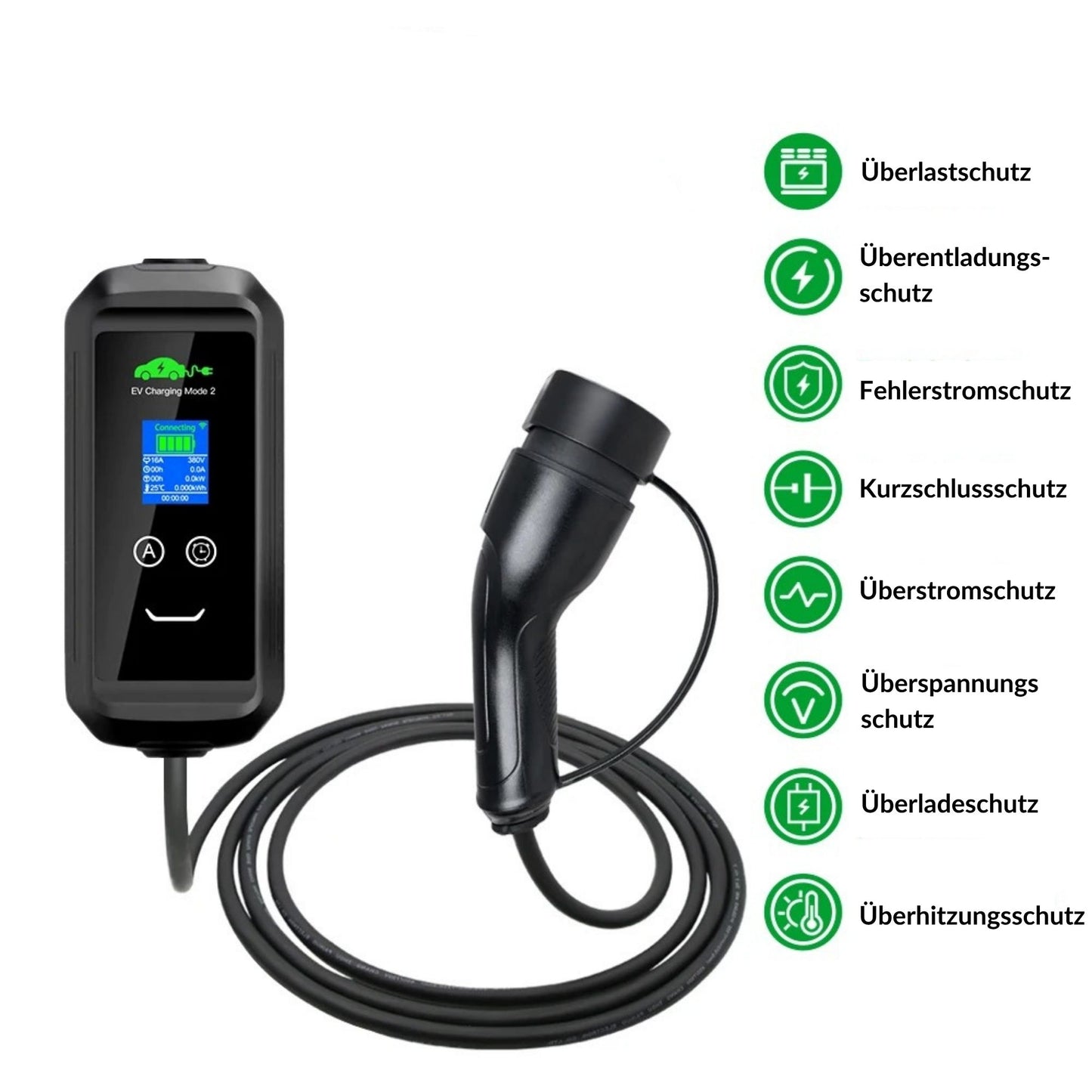 EV-Wallbox mit Display und Typ-2-Ladekabel – zeigt Echtzeit-Ladedaten und bietet umfassende Schutzfunktionen.