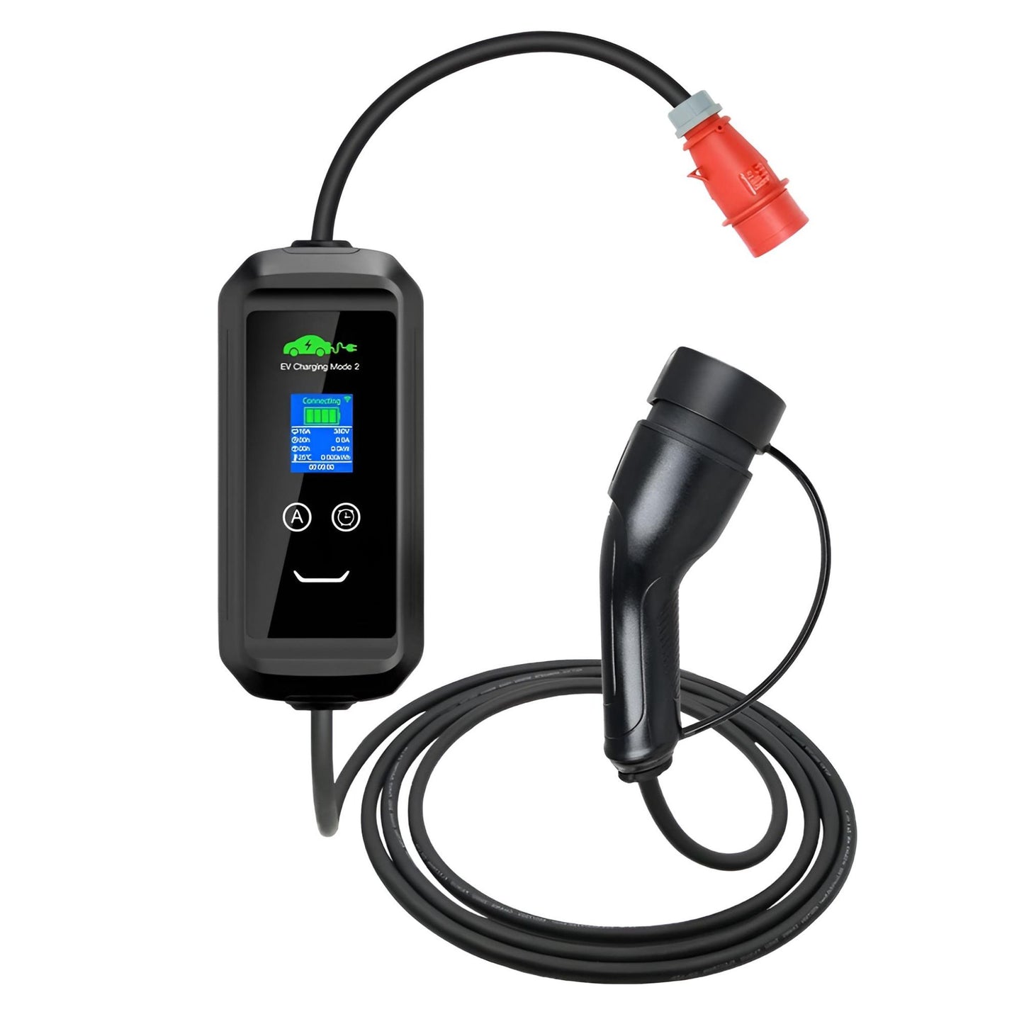 Mobile IS-Wallbox mit 32A CEE-Stecker, LCD-Display und Typ-2-Ladekabel für Elektroautos