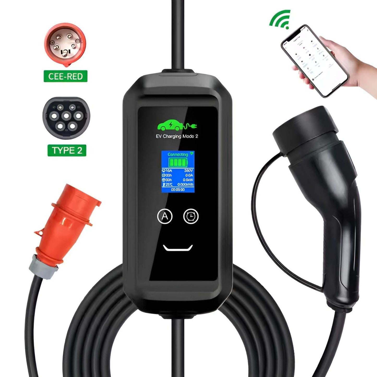 Display der Sigma-Wallbox mit Anzeige für Temperatur, Ladezeit und aktuelle Stromstärke