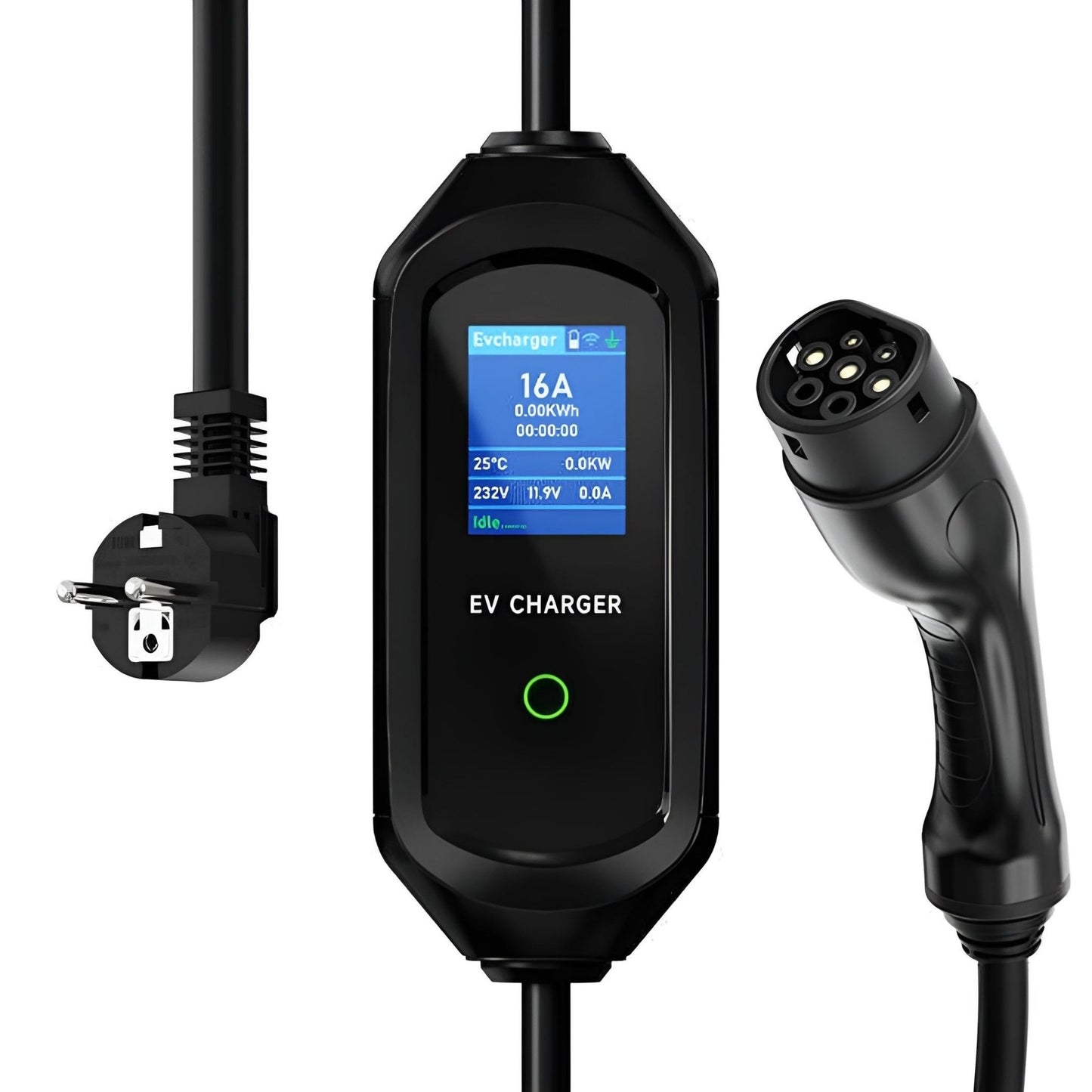 Mobiles EV Ladegerät 16A mit Typ 2 Ladekabel, Schuko-Stecker und LCD-Display für Stromanzeige