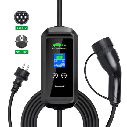 Wallbox mit Schuko-Stecker, LED-Anzeige und Typ-2-Ladekabel – ideal für Haushaltssteckdosen.