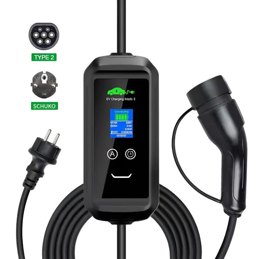 Wallbox mit Schuko-Stecker, LED-Anzeige und Typ-2-Ladekabel – ideal für Haushaltssteckdosen.