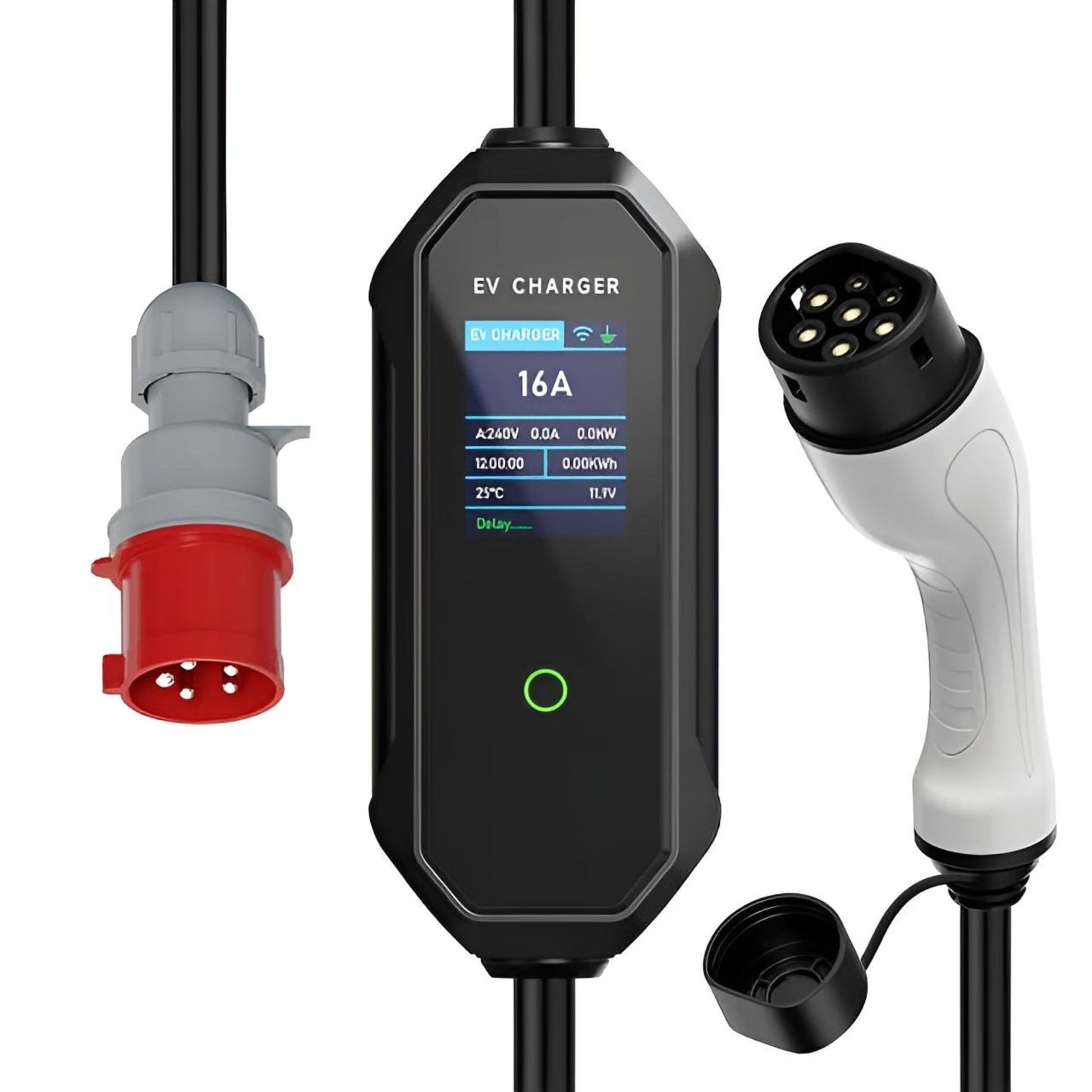 Mobiles Elektroauto Ladegerät 16A mit Typ 2 Stecker, rotem CEE-Industriestecker und LED-Display