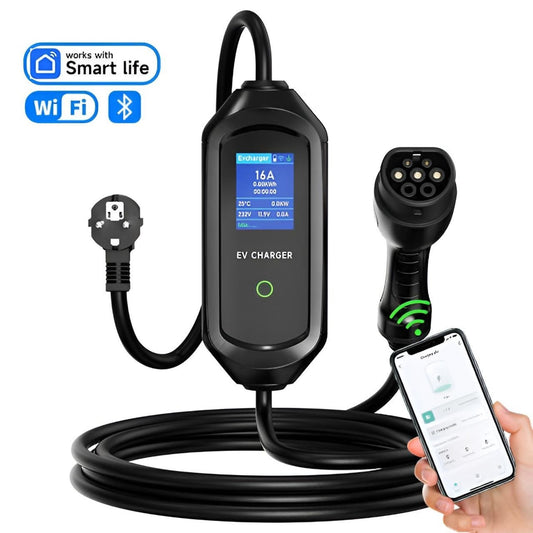 Elektroauto Ladegerät 16A mit Typ 2 Anschluss, Schuko-Stecker, WLAN- und Bluetooth-Steuerung, kompatibel mit Smart Life App