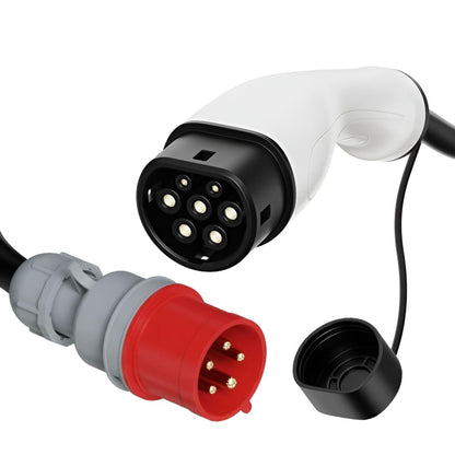 EV Ladekabel mit Typ 2 Anschluss für Elektroautos und rotem CEE-Industriestecker