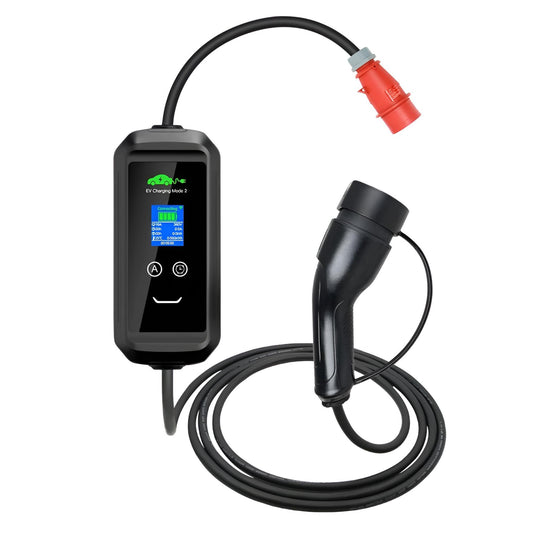 Mobile IS-Wallbox mit 32A CEE-Stecker, LCD-Display und Typ-2-Ladekabel für Elektroautos