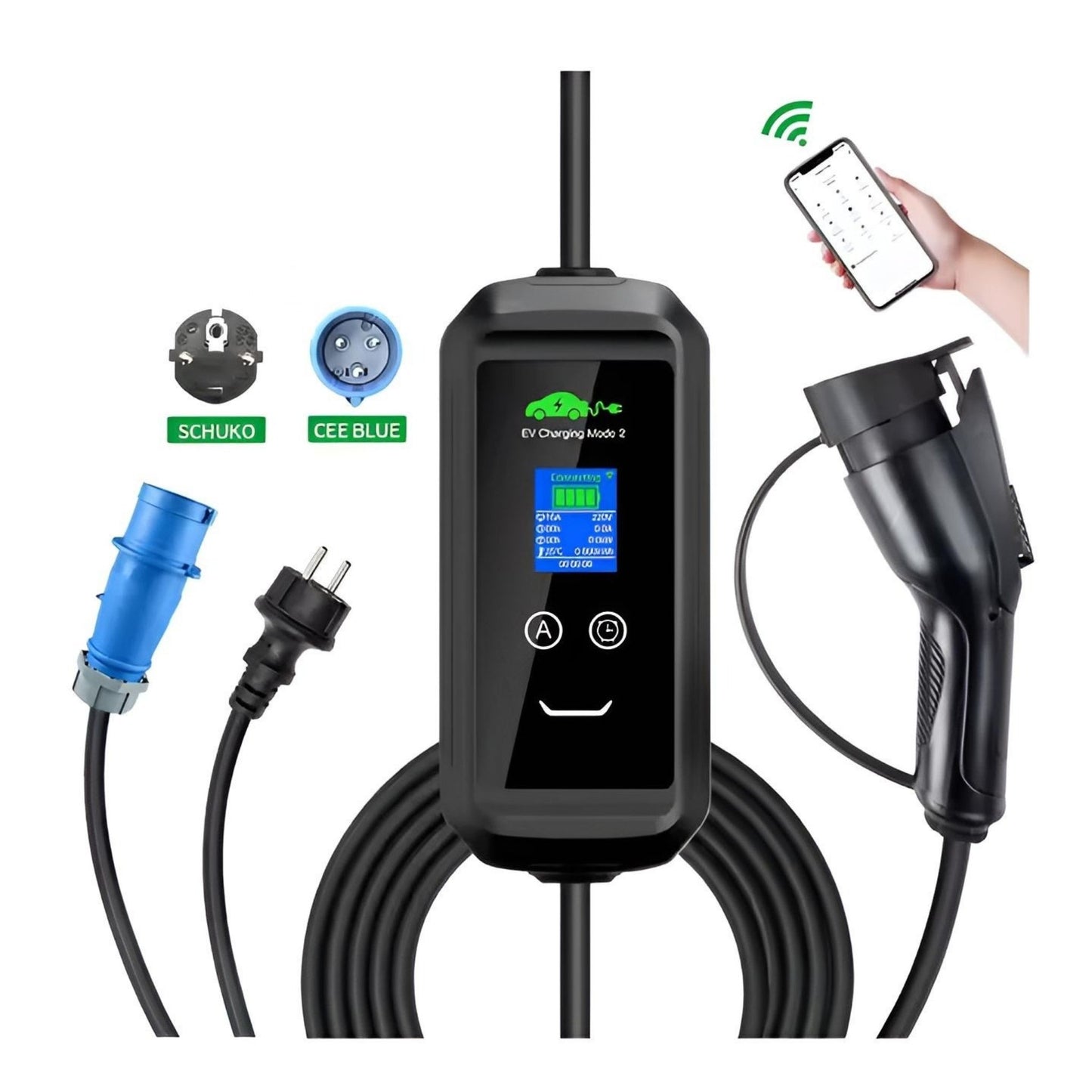 LCD-Display der mobilen EV-Wallbox mit Ladeanzeige, Temperaturanzeige und Timer-Funktion