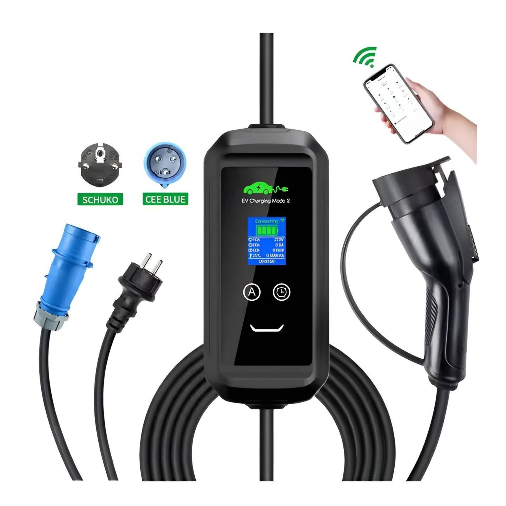 LCD-Display der mobilen EV-Wallbox mit Ladeanzeige, Temperaturanzeige und Timer-Funktion