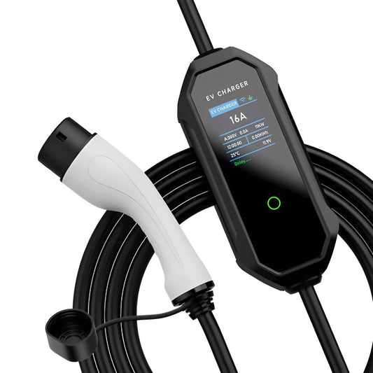 Mobiles EV Ladegerät 16A mit Typ 2 Stecker, LCD-Display und schwarzem Kabel