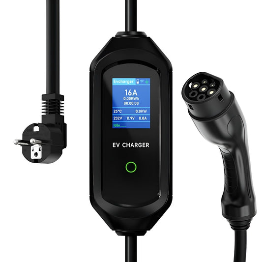 Mobiles EV Ladegerät 16A mit Typ 2 Ladekabel, Schuko-Stecker und LCD-Display für Stromanzeige