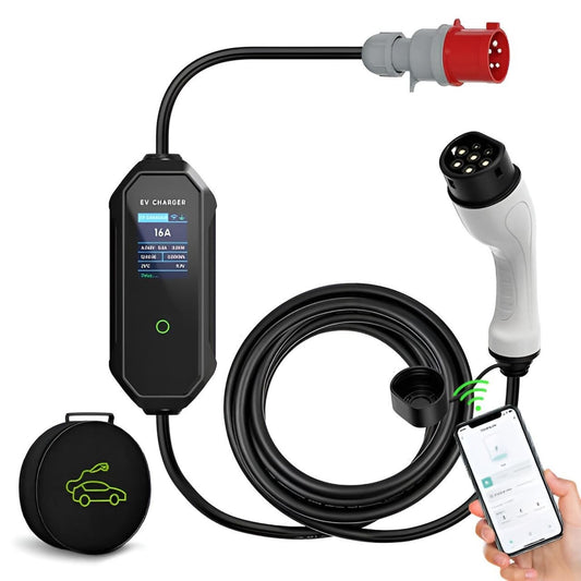 Tragbares EV-Ladegerät mit Typ 2 Stecker, 16A Anschluss, Display und WLAN-Steuerung über Smartphone