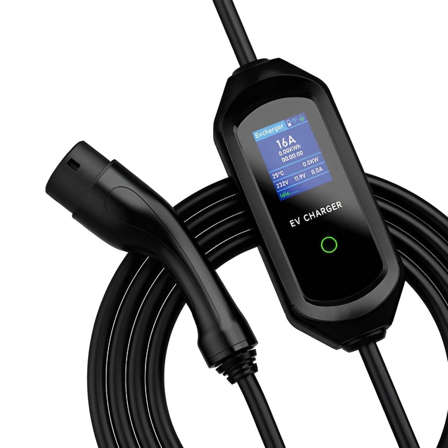 Tragbares Elektroauto Ladegerät 16A mit Typ 2 Stecker, LCD-Anzeige und schwarzem Kabel